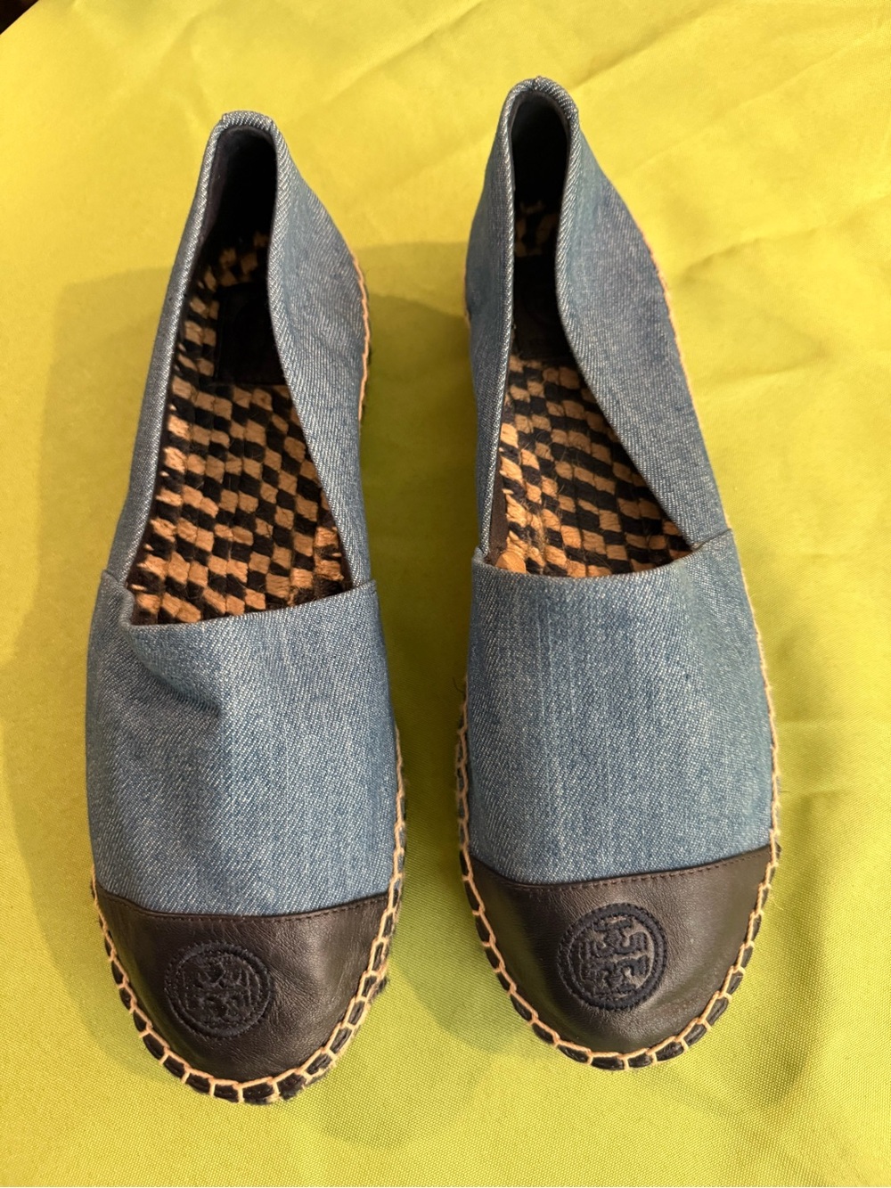 Tory Burch Women’s Blue Denim Slip-On Espadrilles with Leather Black Toe